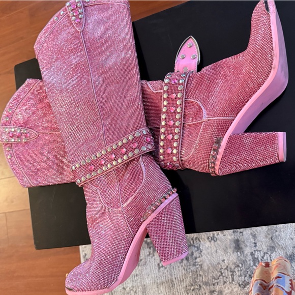 (Out of Stock Online) Dolls Kill-Pink SHERIFF Shine Knee High Cowboy Boots - Picture 12 of 16